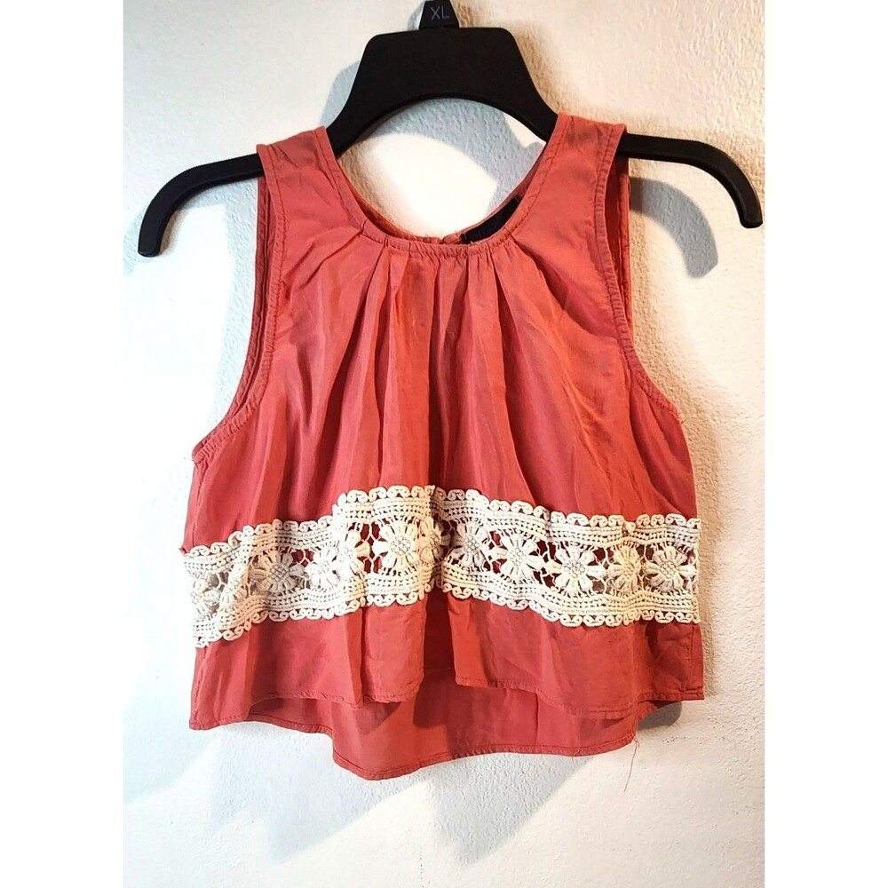 Beware Boho Terracotta Crop Top Sleeveless  with Floral Crochet Lace Detail Sz M